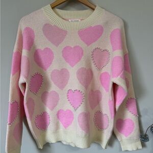 Women's Blu Pepper Heart Print Sweater - Pink & Cream Pearl Details - Large